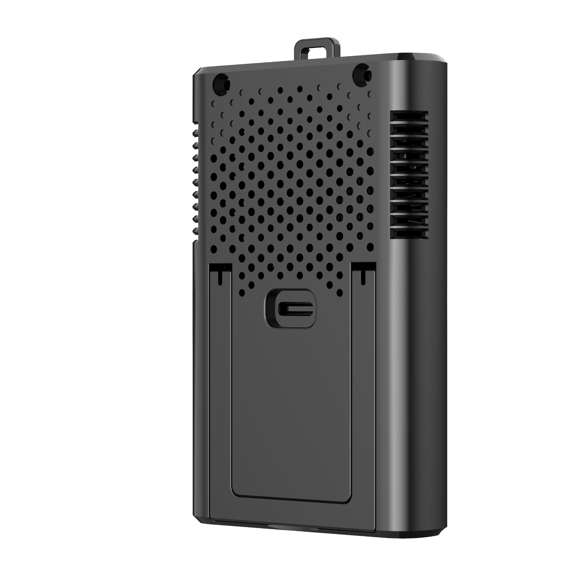 Czarny sprzęt elektroniczny z otworami wentylacyjnymi i portem USB-C.