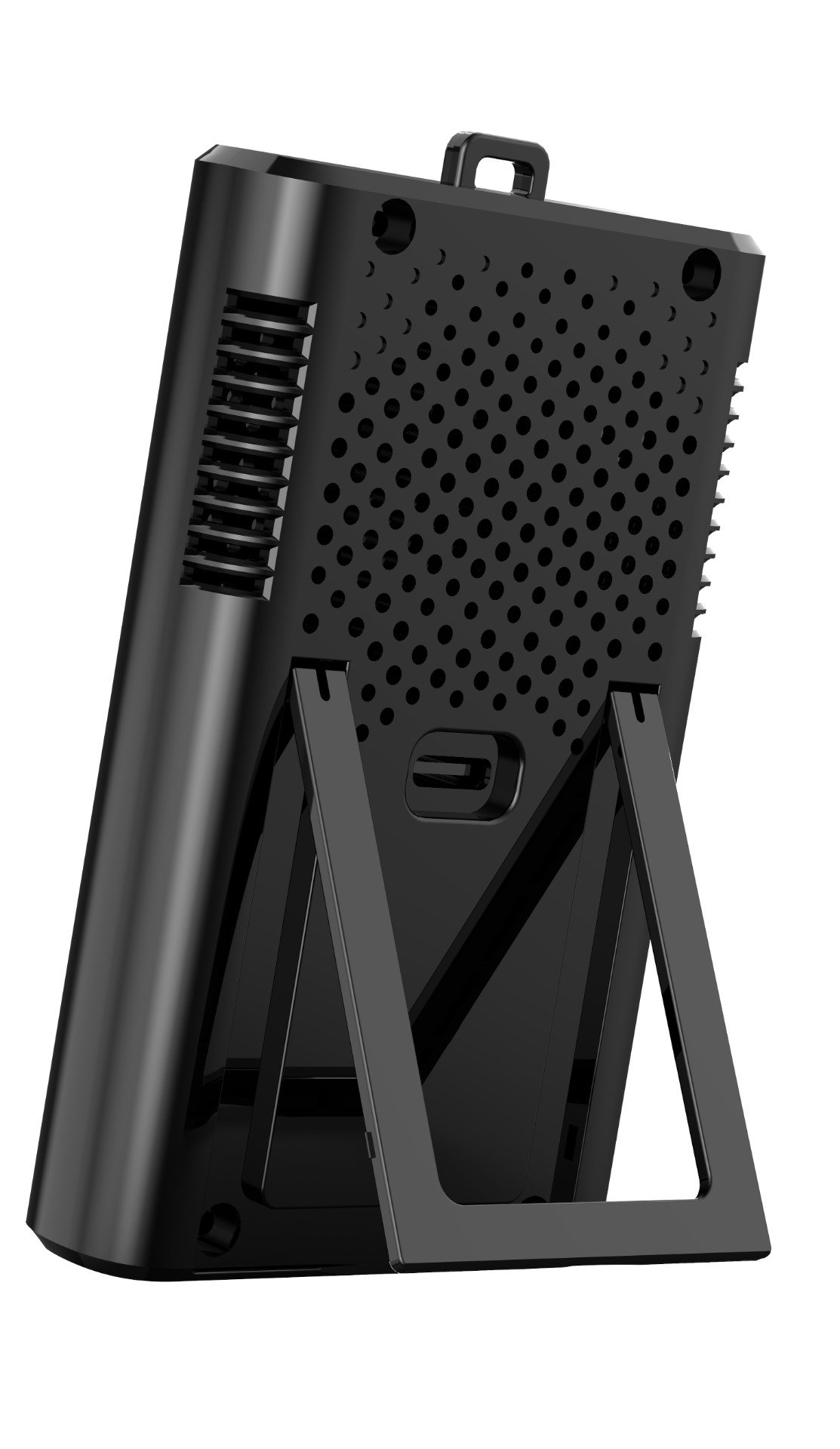 Czarny sprzęt elektroniczny z otworami wentylacyjnymi i podstawką.