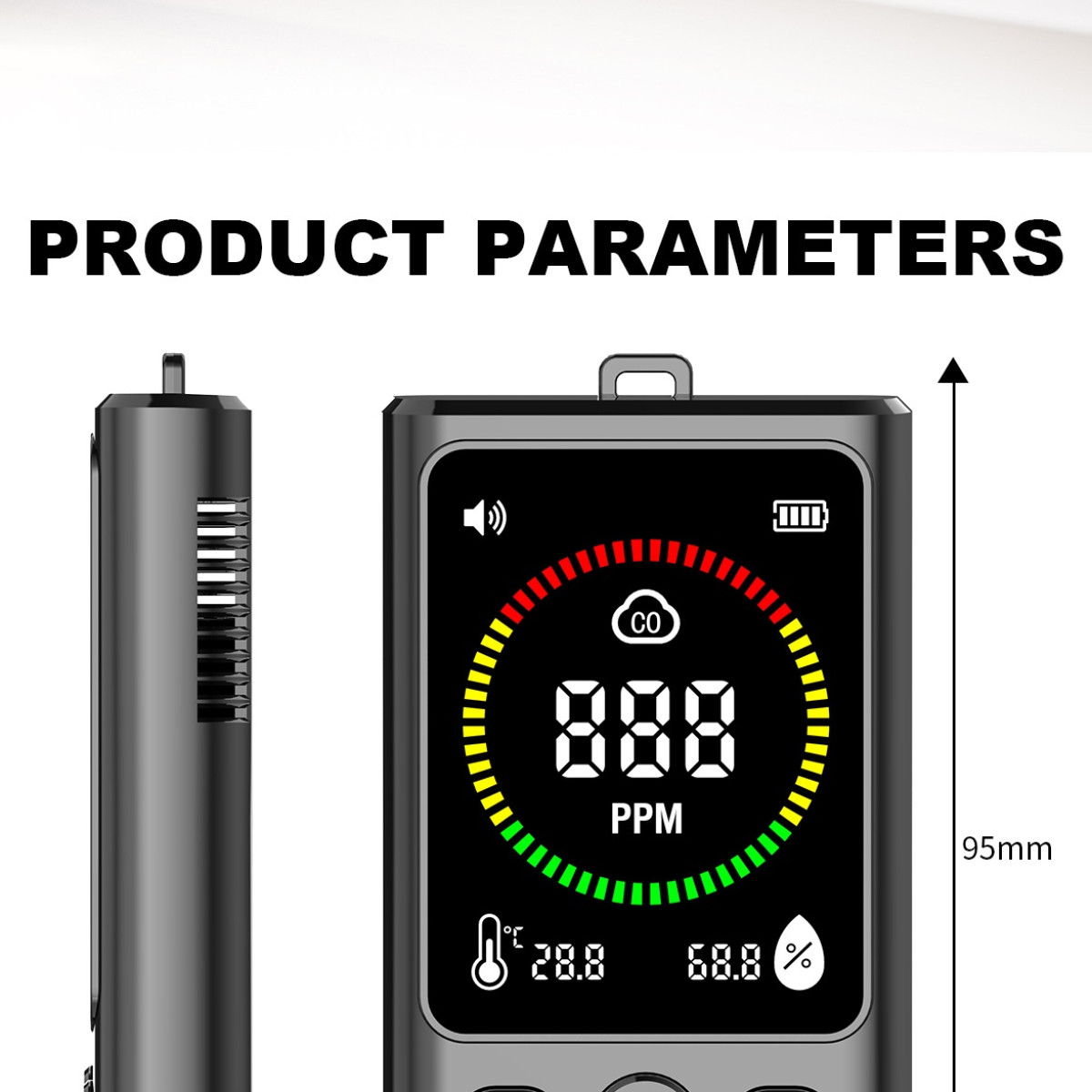 Monitor CO z cyfrowym wyświetlaczem pokazuje 888 PPM. Wymiary: 95 mm.