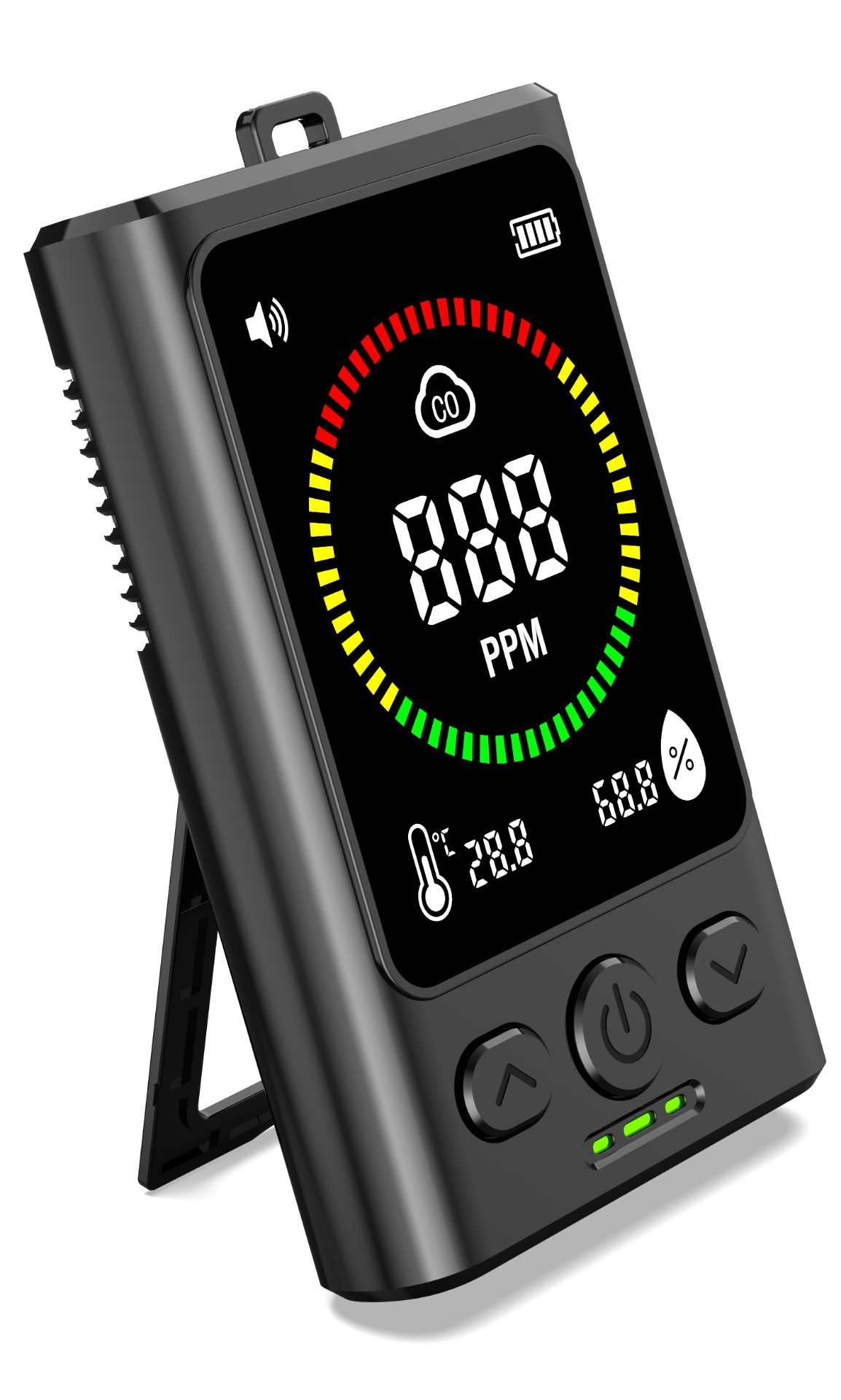 Czarny miernik CO z ekranem LCD wyświetlającym 888 PPM.