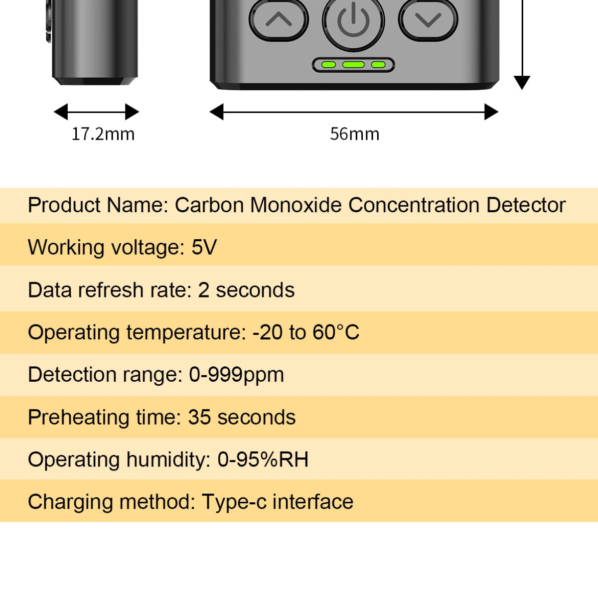 Specyfikacje detektora CO: 5V, odświeżanie 2s, -20-60C, 0-999ppm, 35s podgrzewanie, Typ C.