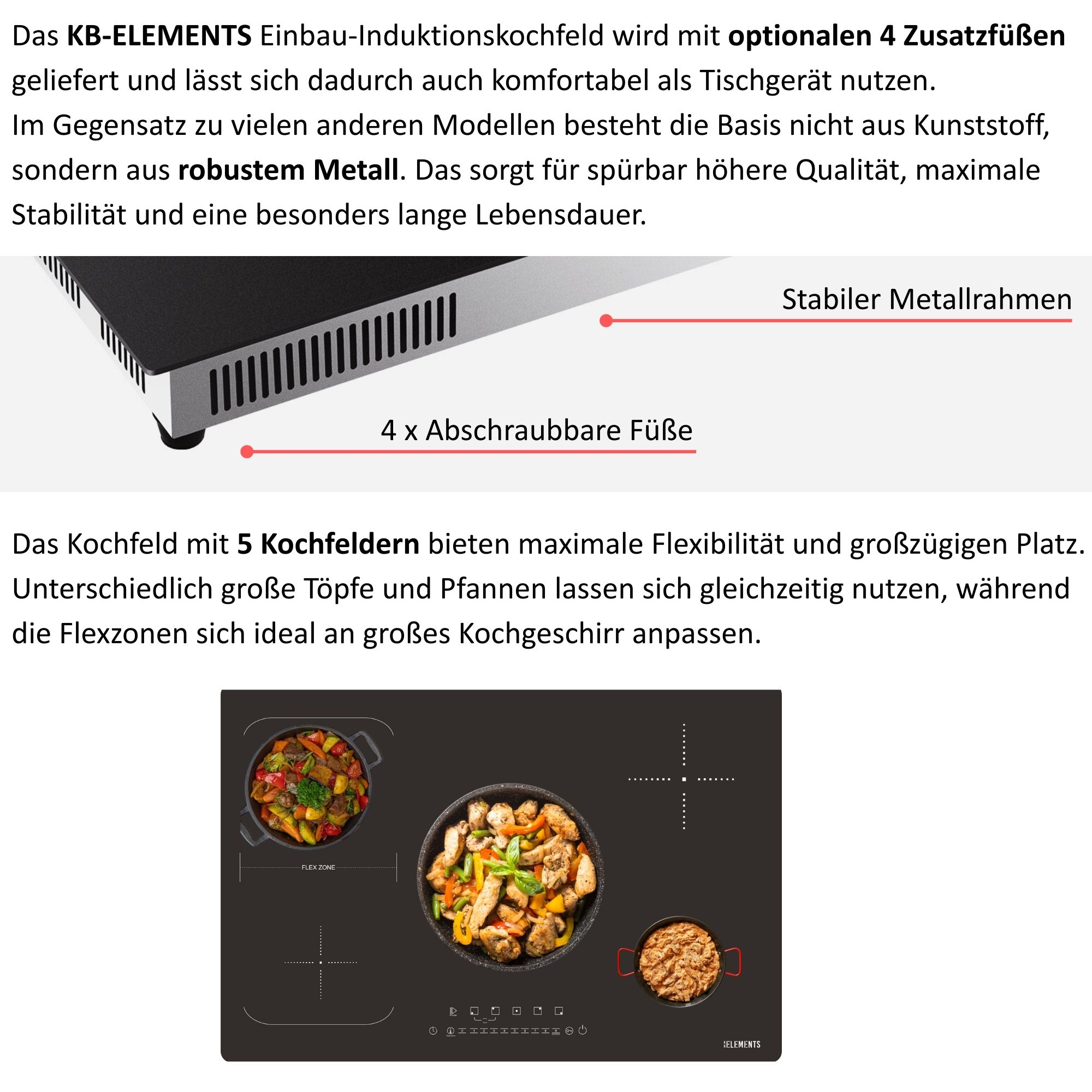 Einbau-Induktionskochfeld mit 5 Kochfeldern, Metallrahmen und Füßen.