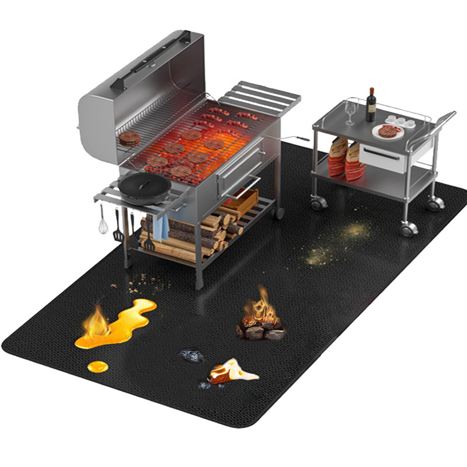 Grill z burgerami, wózek boczny z winem, drewnem i ogniskami na czarnej macie.