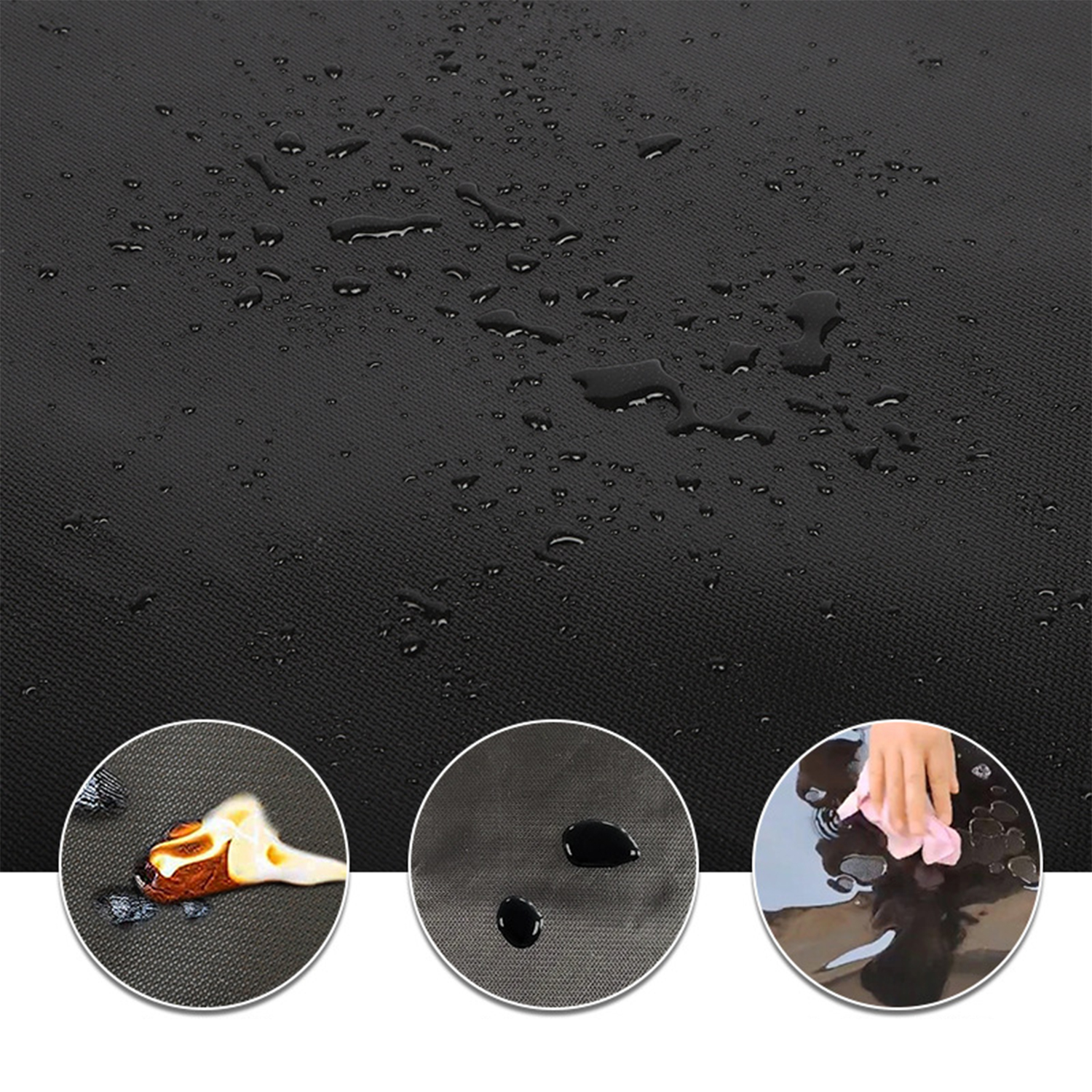 Czarna tkanina z kroplami wody. Trzy kółka pokazują ogień, wodę i czyszczenie.