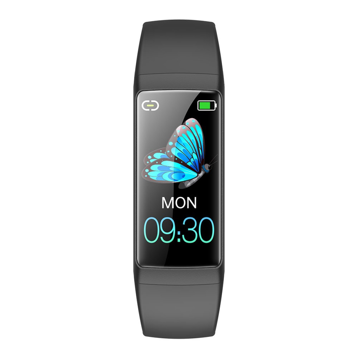 Graues Fitnessarmband mit blauem Schmetterling, Tag und Uhrzeit 09:30.