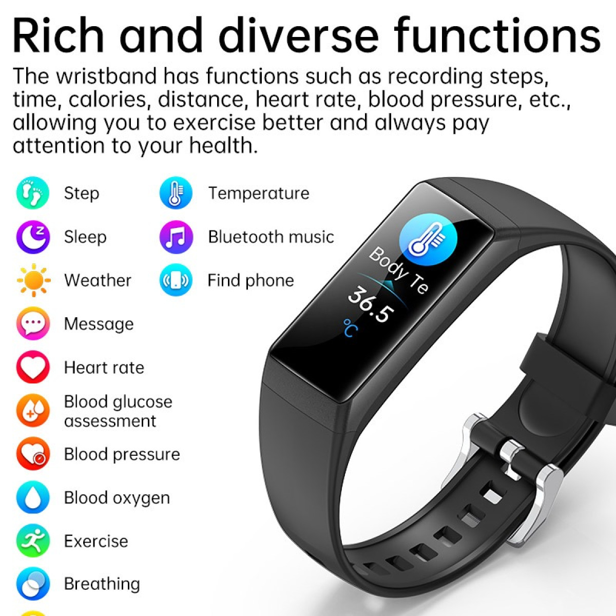 Schwarzes Fitnessarmband mit vielen Funktionen wie Schrittzählen und Temperaturanzeige.