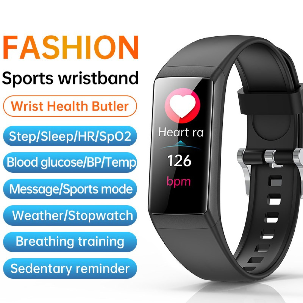 Ein schwarzes Smartwatch-Armband mit Herzfrequenzanzeige und Funktionen.