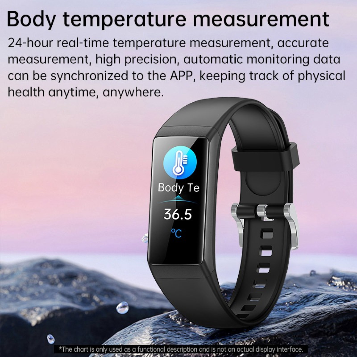 Schwarzes Smartband zeigt 36,5°C Körpertemperatur auf dem Bildschirm an.
