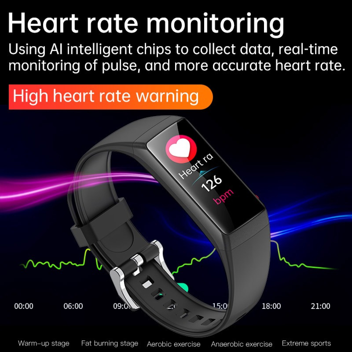 Schwarzes Fitnessarmband zeigt 126 bpm Herzfrequenz an, mit Warnung bei hoher Herzfrequenz.