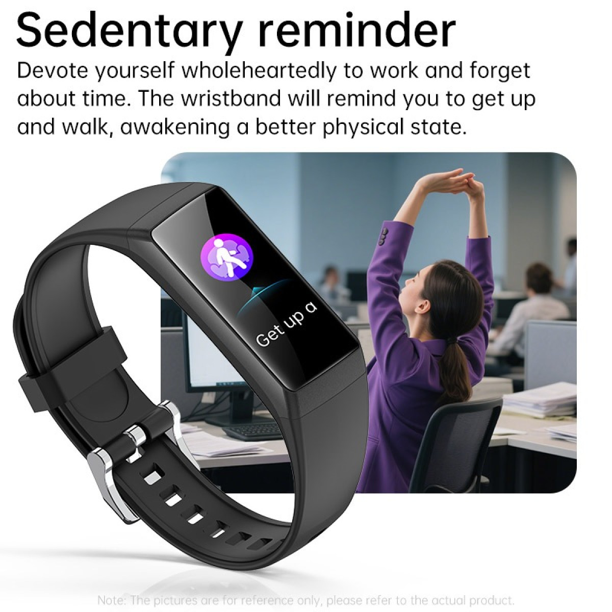 Eine Frau streckt sich im Büro, während ein Fitnessarmband eine Erinnerung zeigt.