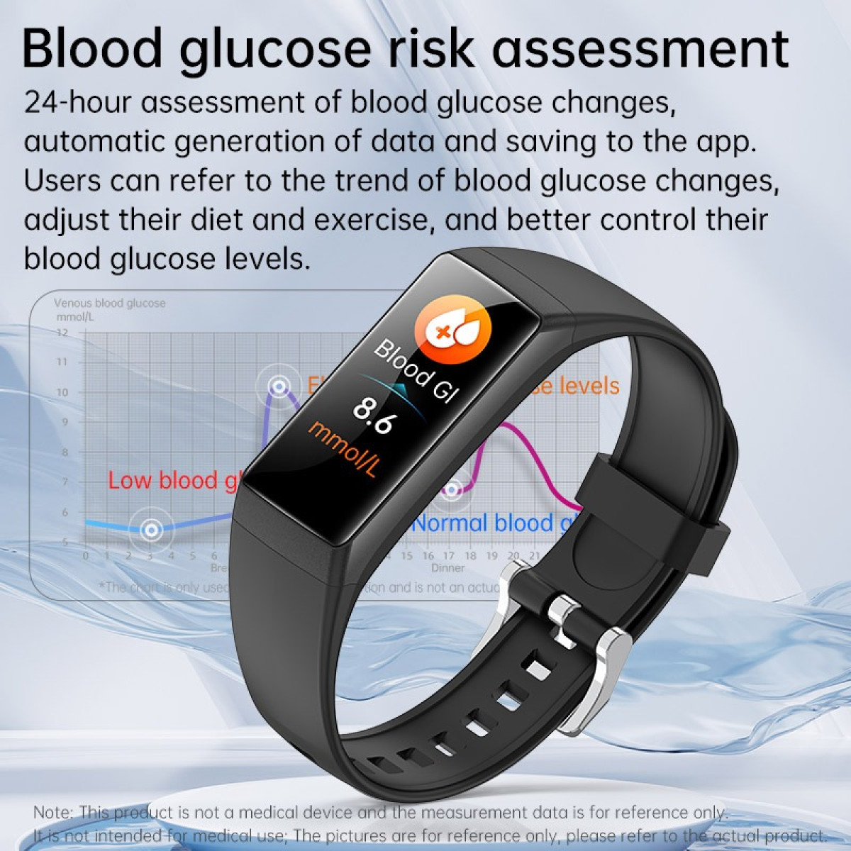 Schwarzes Smartband zeigt Blutzuckerwerte und -diagramme an.