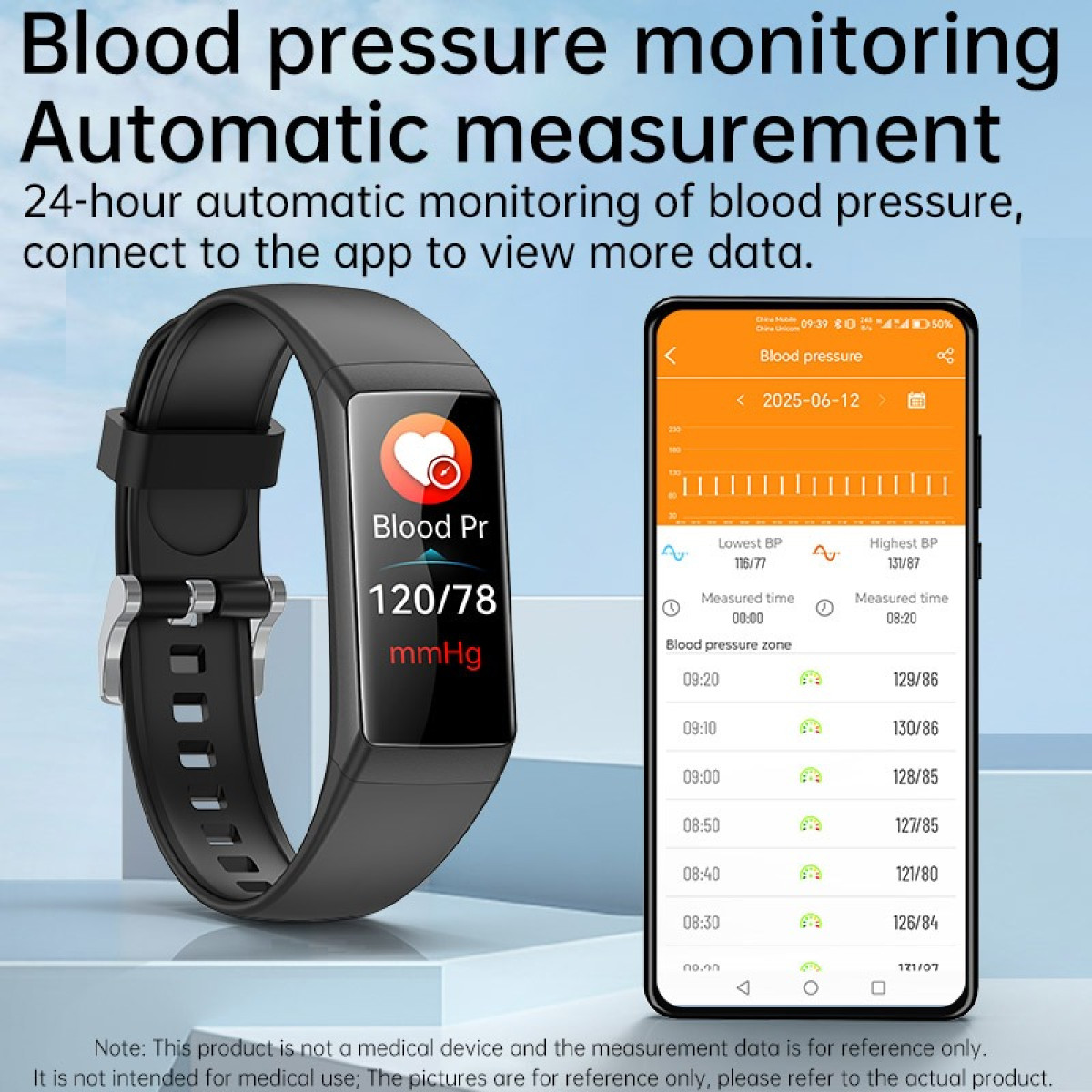Eine Smartwatch zeigt 120/78 mmHg an neben einem Smartphone mit Blutdruckdaten.
