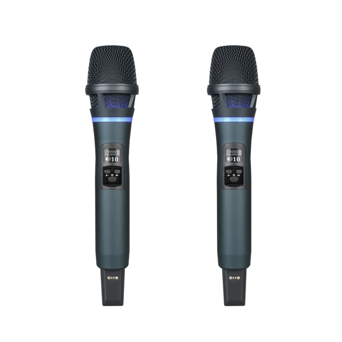 Dwa mikrofony bezprzewodowe obok siebie, z niebieskimi światłami i wyświetlaczami.