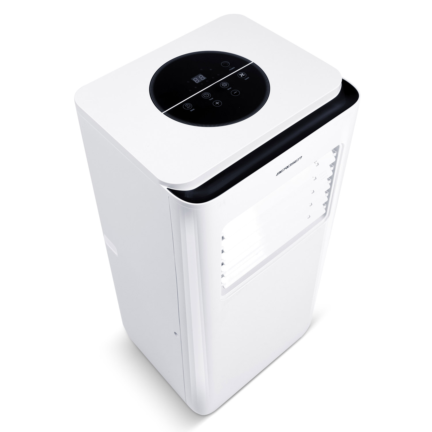 Biały oczyszczacz powietrza z czarnym panelem sterowania i cyfrowym wyświetlaczem.