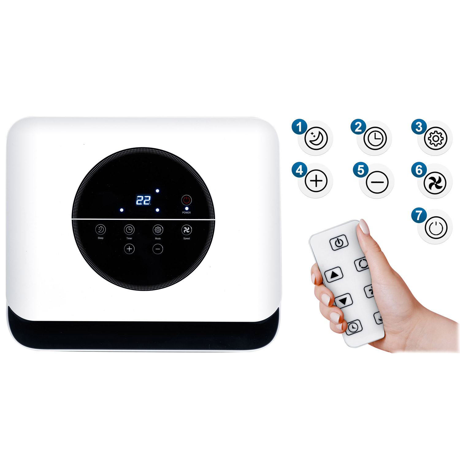 Biały grzejnik z pilotem pokazujący 22 stopnie.