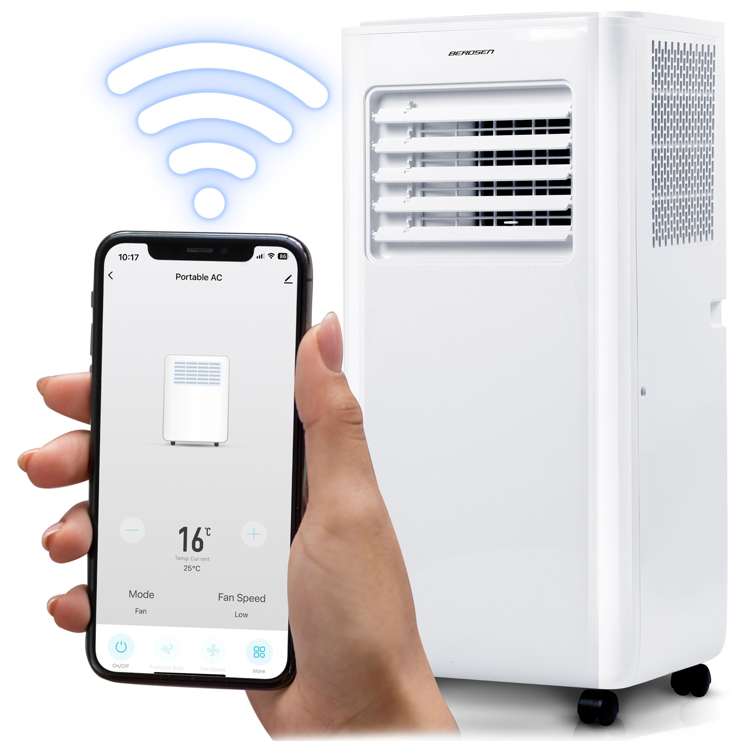 Smartfon wyświetla aplikację klimatyzatora, obok białego klimatyzatora przenośnego.