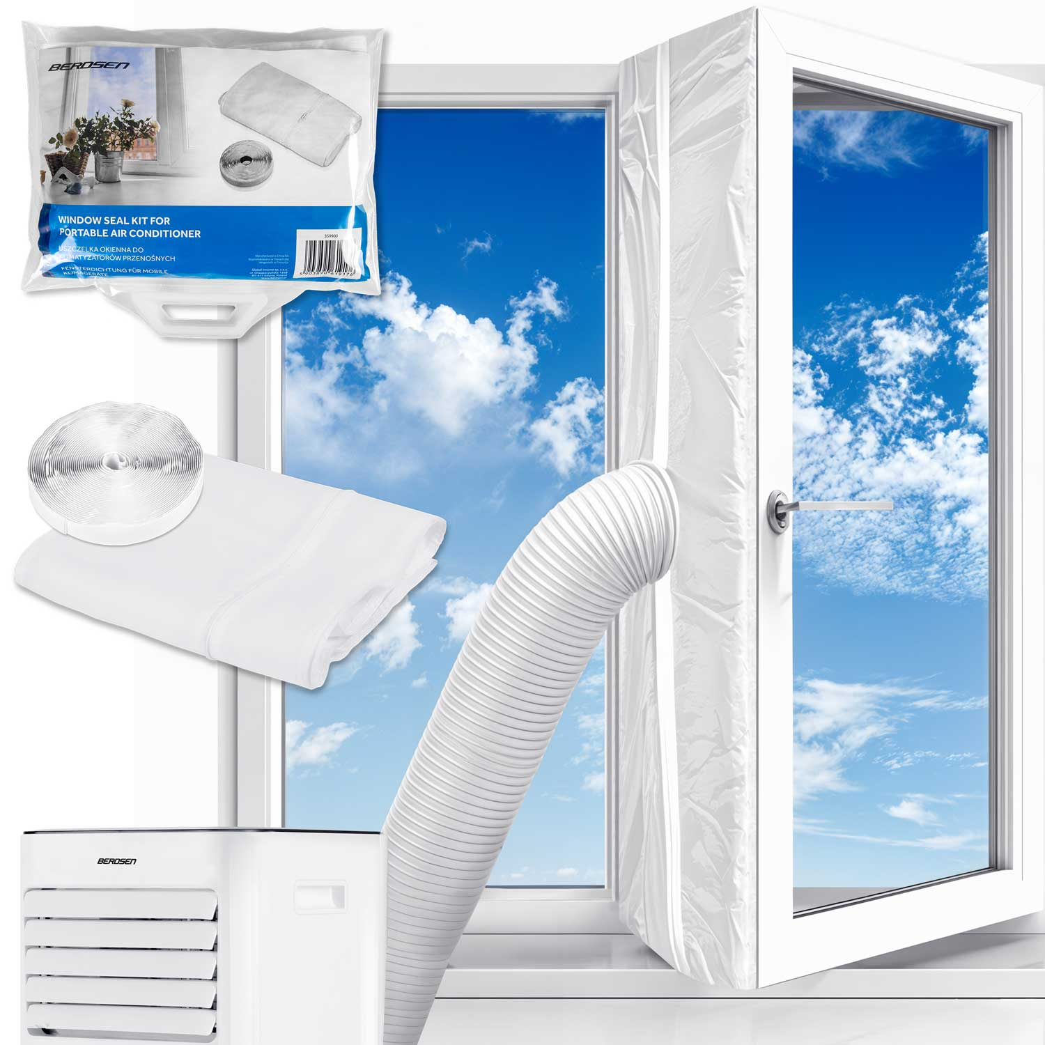 Zestaw uszczelniający okno z wężem i przenośną klimatyzacją.