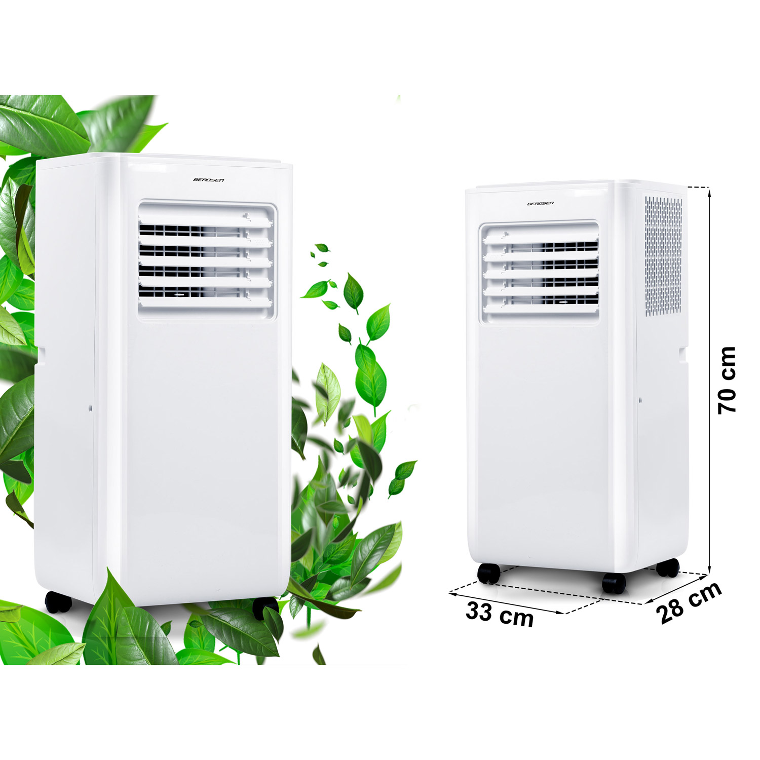 Dwa białe przenośne klimatyzatory z otworami wentylacyjnymi i kółkami. Otaczają je zielone liście.