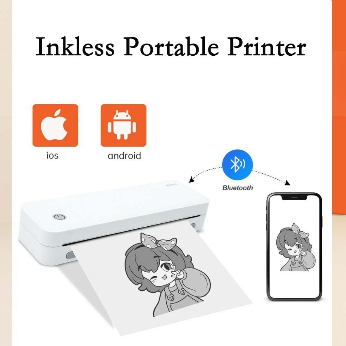 Przenośna drukarka drukuje obraz postaci z kreskówki, połączona ze smartfonem.