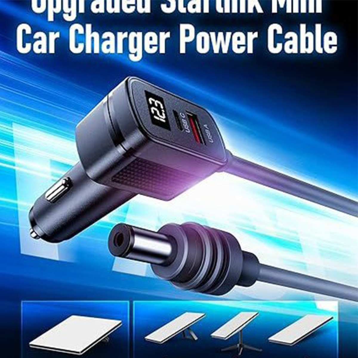 Un adattatore per caricabatterie per auto nero con display digitale e porte USB.