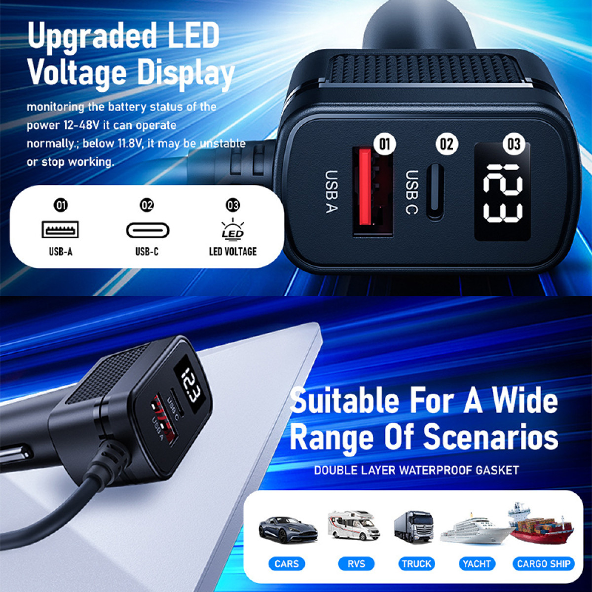 Display LED di tensione con porte USB-A e USB-C per auto, camper, camion, yacht e navi da carico.