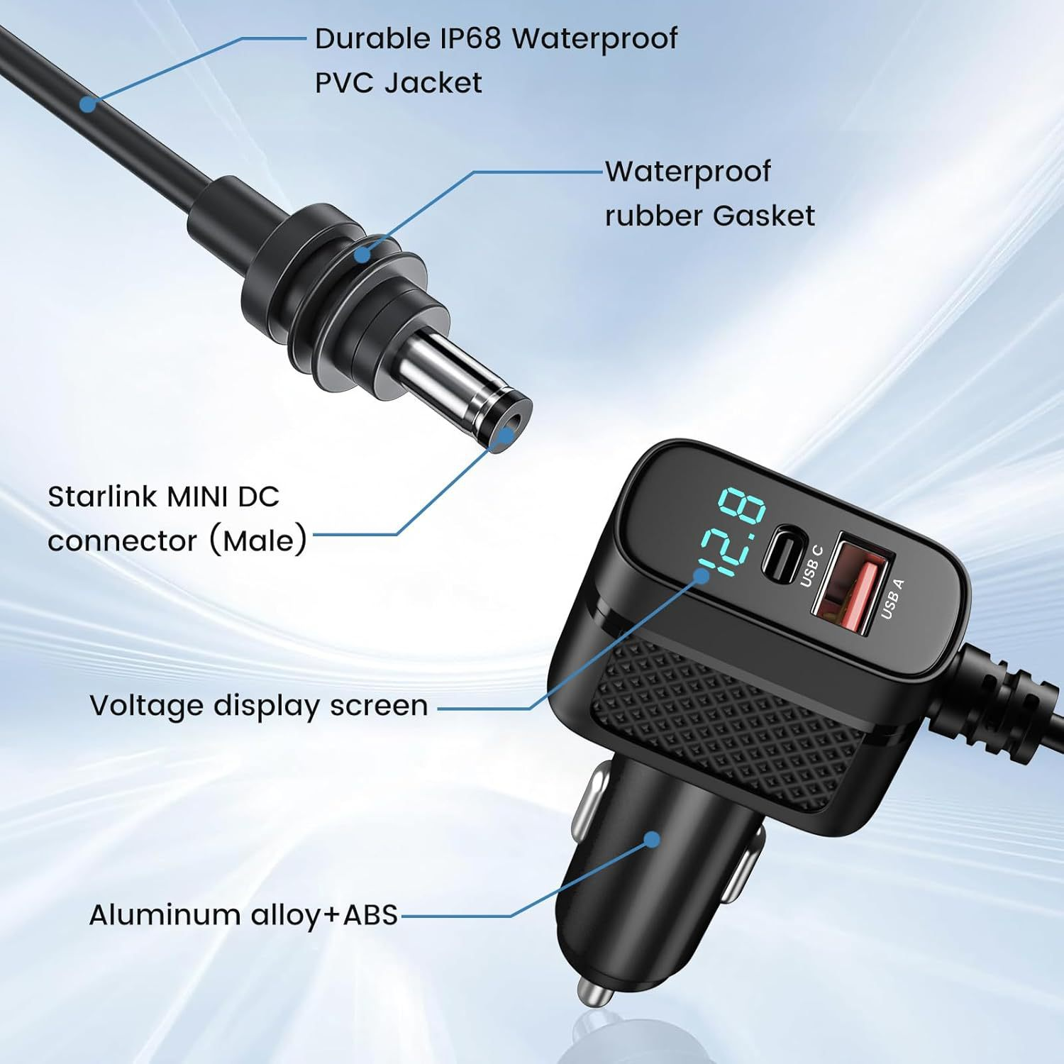 Adattatore caricabatterie per auto nero con display digitale, USB-C, USB-A e connettore CC.