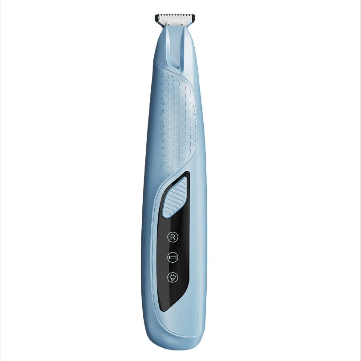 Un tagliacapelli blu chiaro ed elegante con lame argentate e pulsanti di controllo neri.