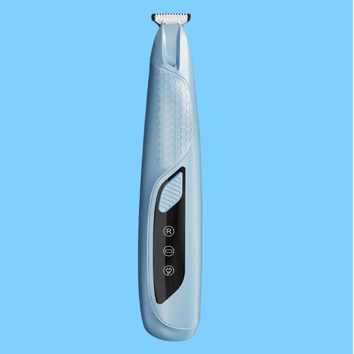 Un trimmer elettrico azzurro con impugnatura testurizzata e tre icone.