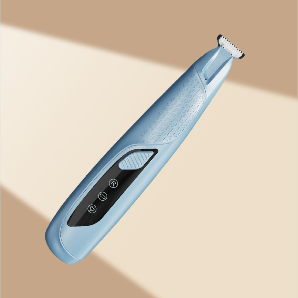 Un trimmer elettrico azzurro con pannello di controllo nero e anelli.