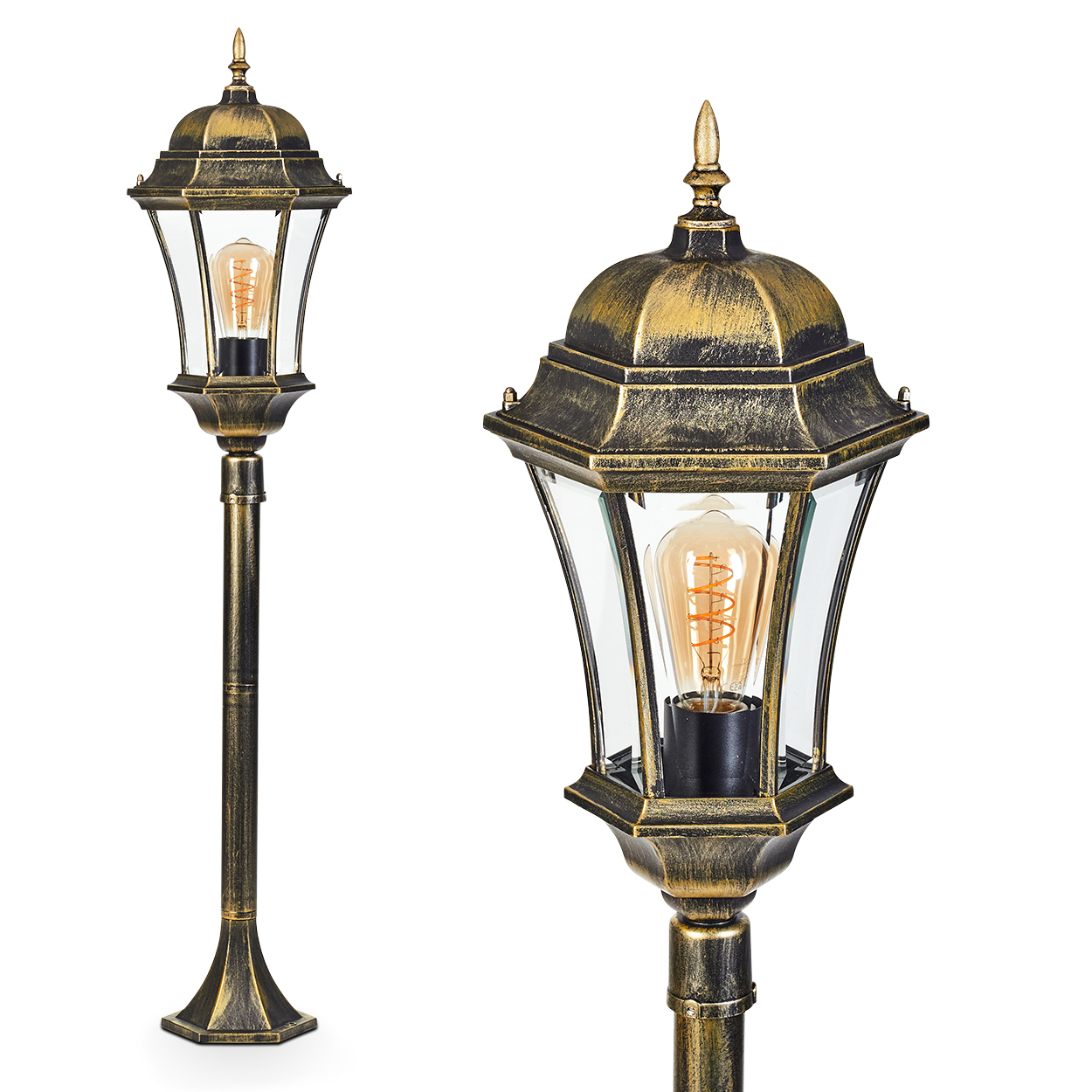 Eine zweigeteilte Ansicht einer goldfarbenen Laterne mit Glaspaneelen und Glühbirne.