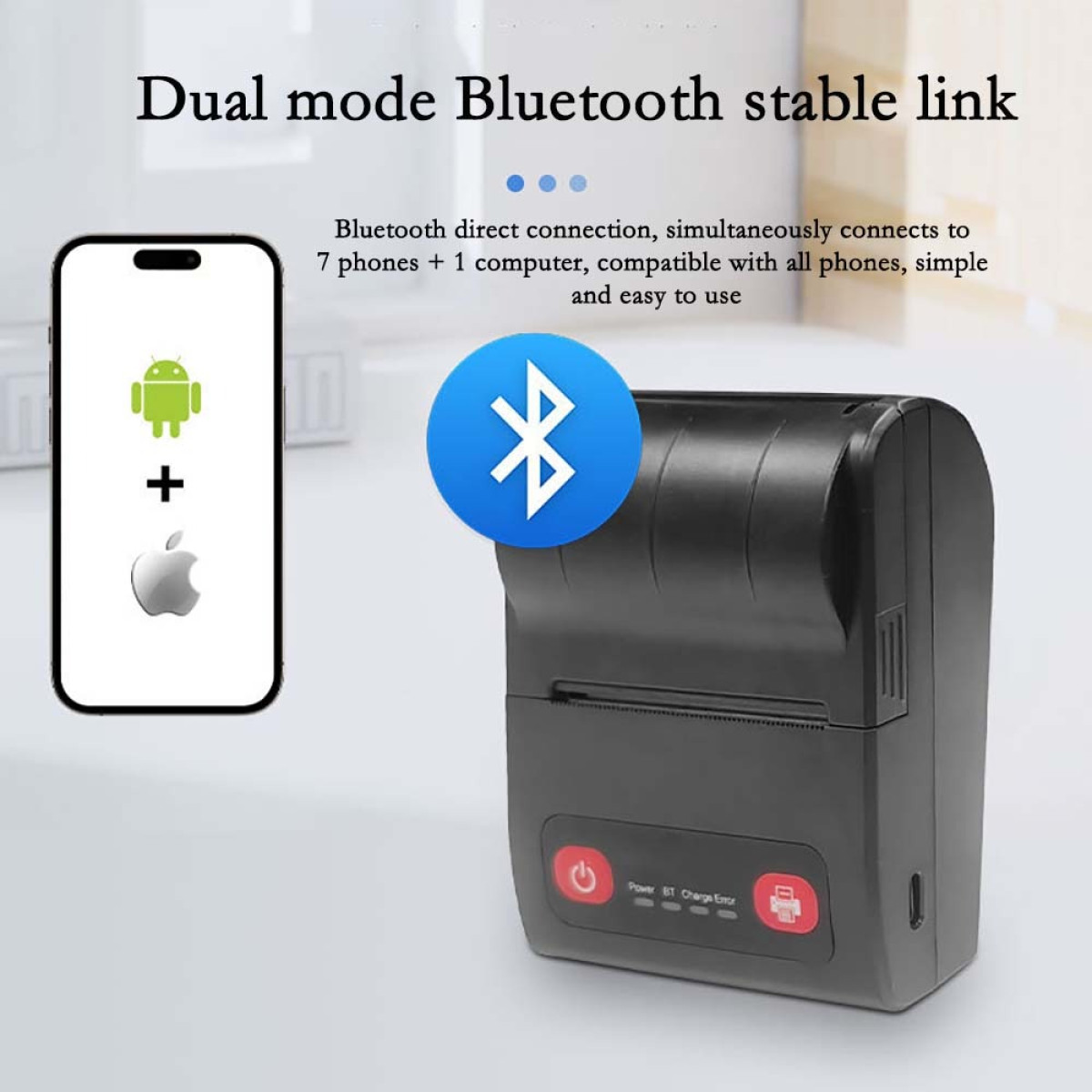 Czarna drukarka Bluetooth ze smartfonem wyświetlającym logo Android i Apple.