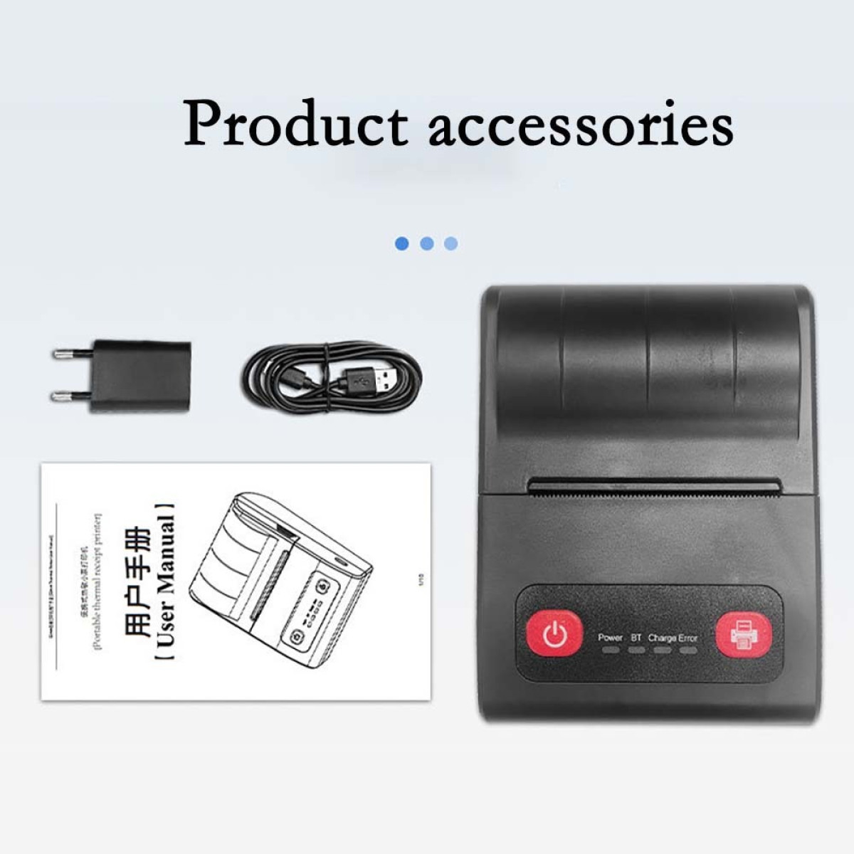 Czarna ładowarka sieciowa, kabel USB, instrukcja i drukarka.