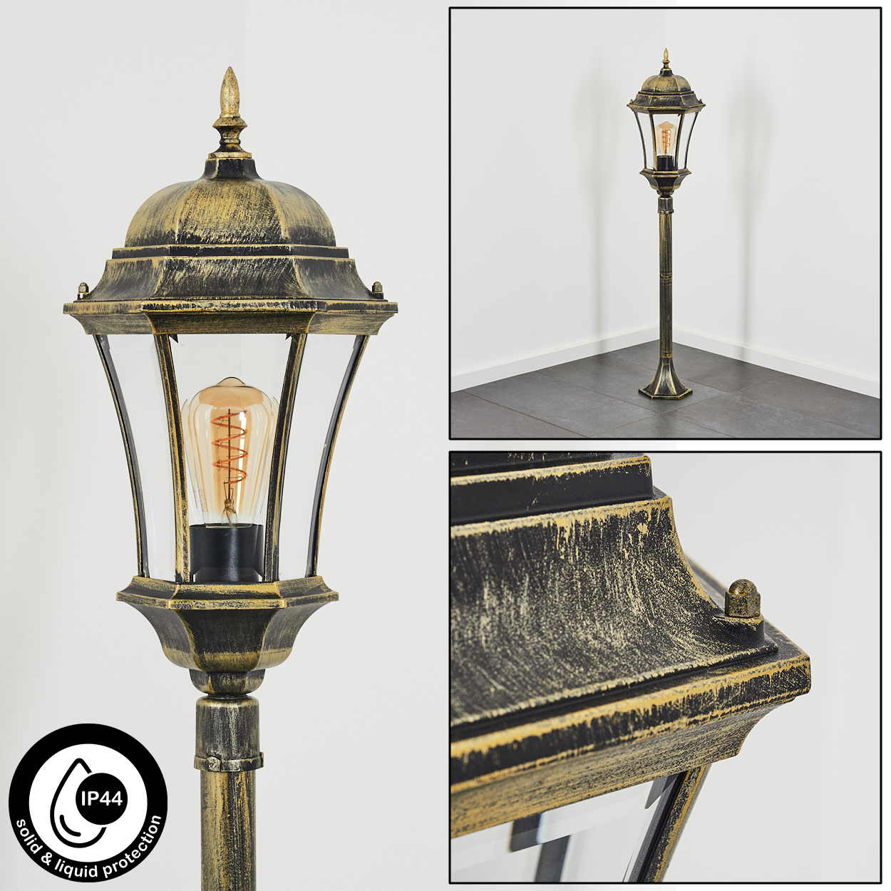 Eine goldene Laterne mit Glühbirne und IP44-Schutz.