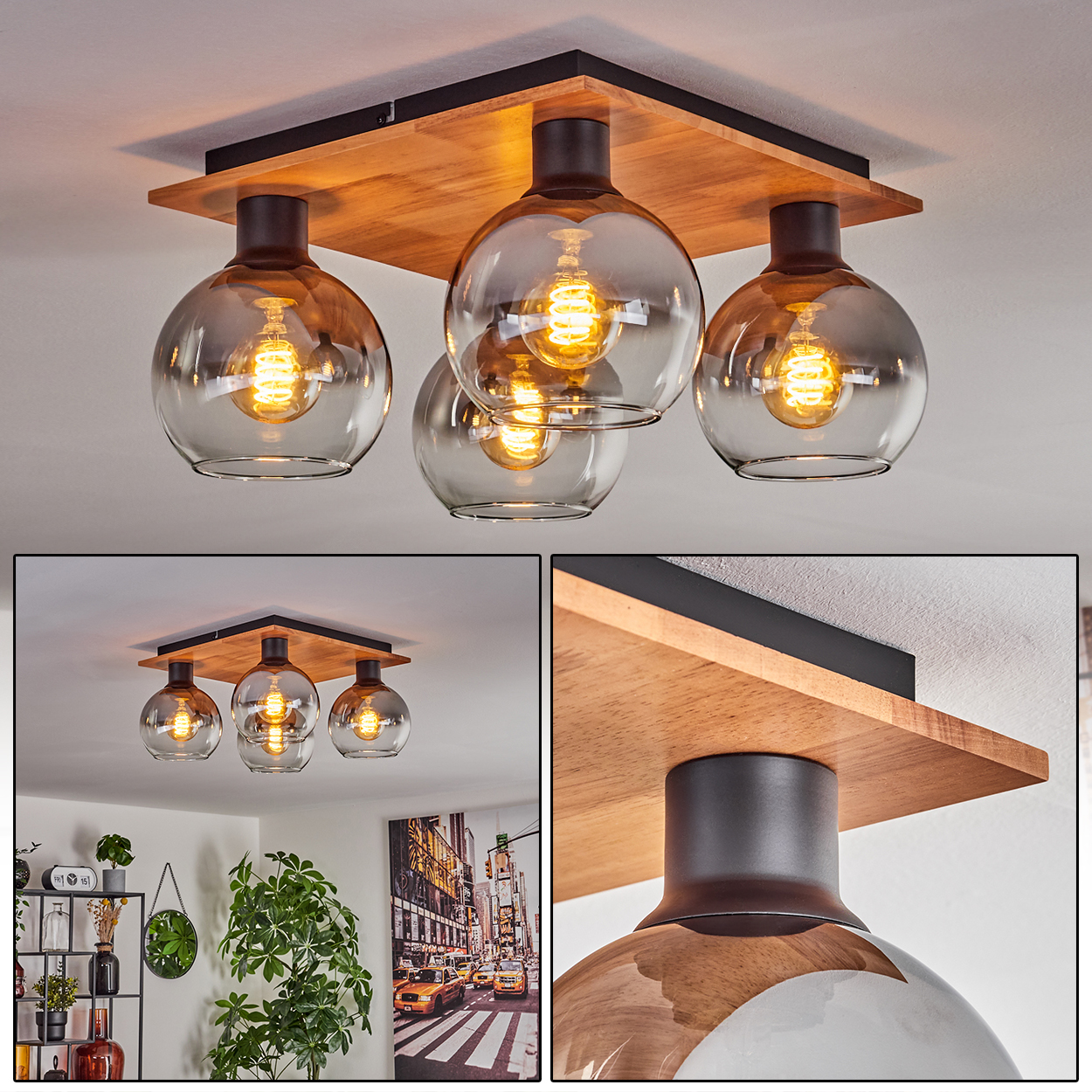 Deckenleuchte mit Holzplatte, vier Rauchglas-Kugeln und Edison-Glühbirnen.