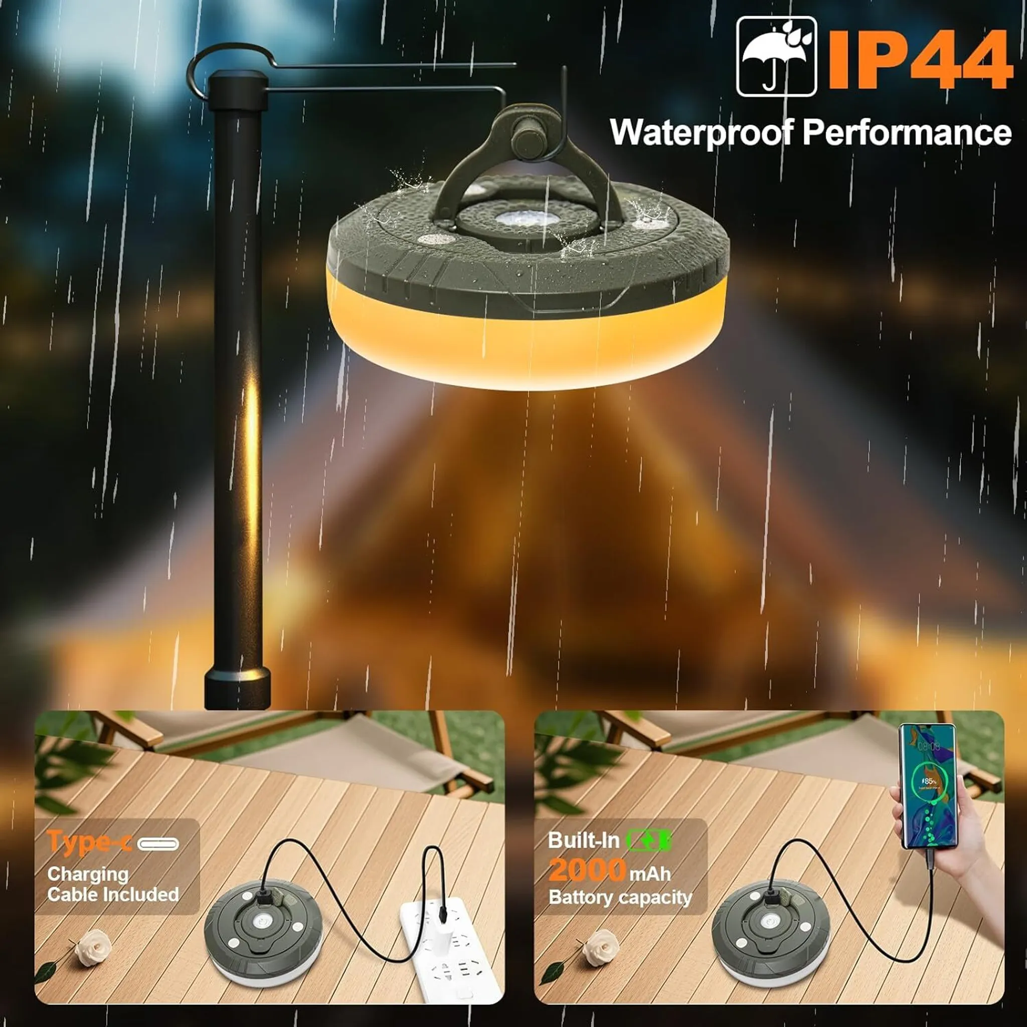 Eine wasserdichte Lampe hängt im Regen an einem Stab. Unten: Laden mit Kabel und Powerbank, Laden eines Telefons.