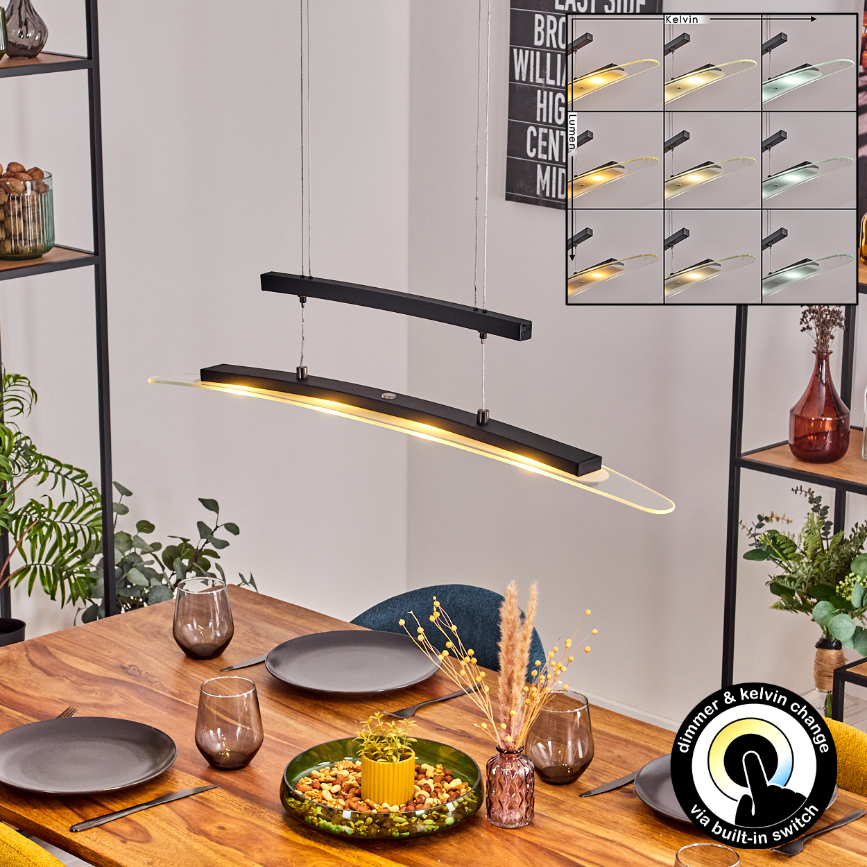 Moderner Esszimmer-Hängeleuchter mit Glas und Metall, beleuchtet.