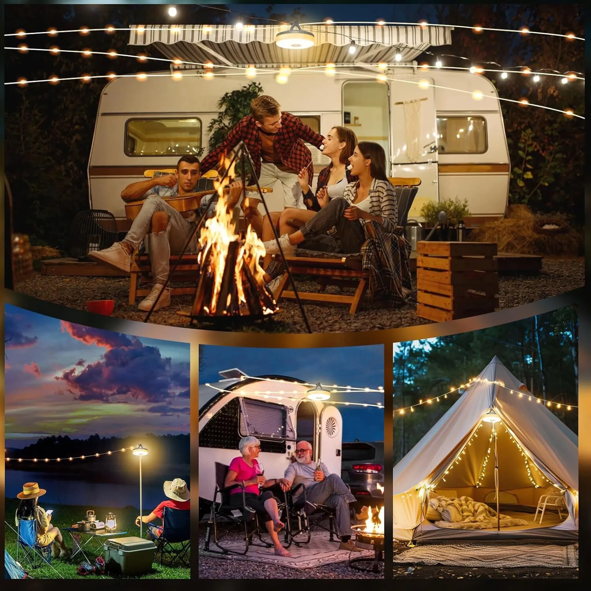 Freunde campen und spielen Gitarre am Lagerfeuer vor einem Wohnwagen.