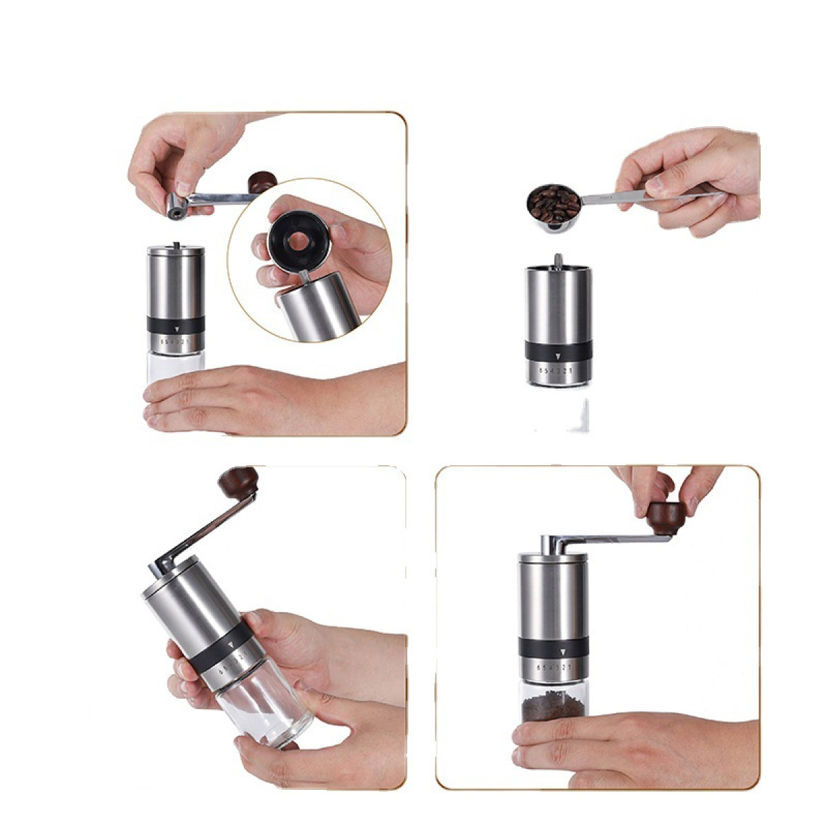 Zestaw ręcznego młynka do kawy ze szklanym pojemnikiem, metalową obudową i korbą.