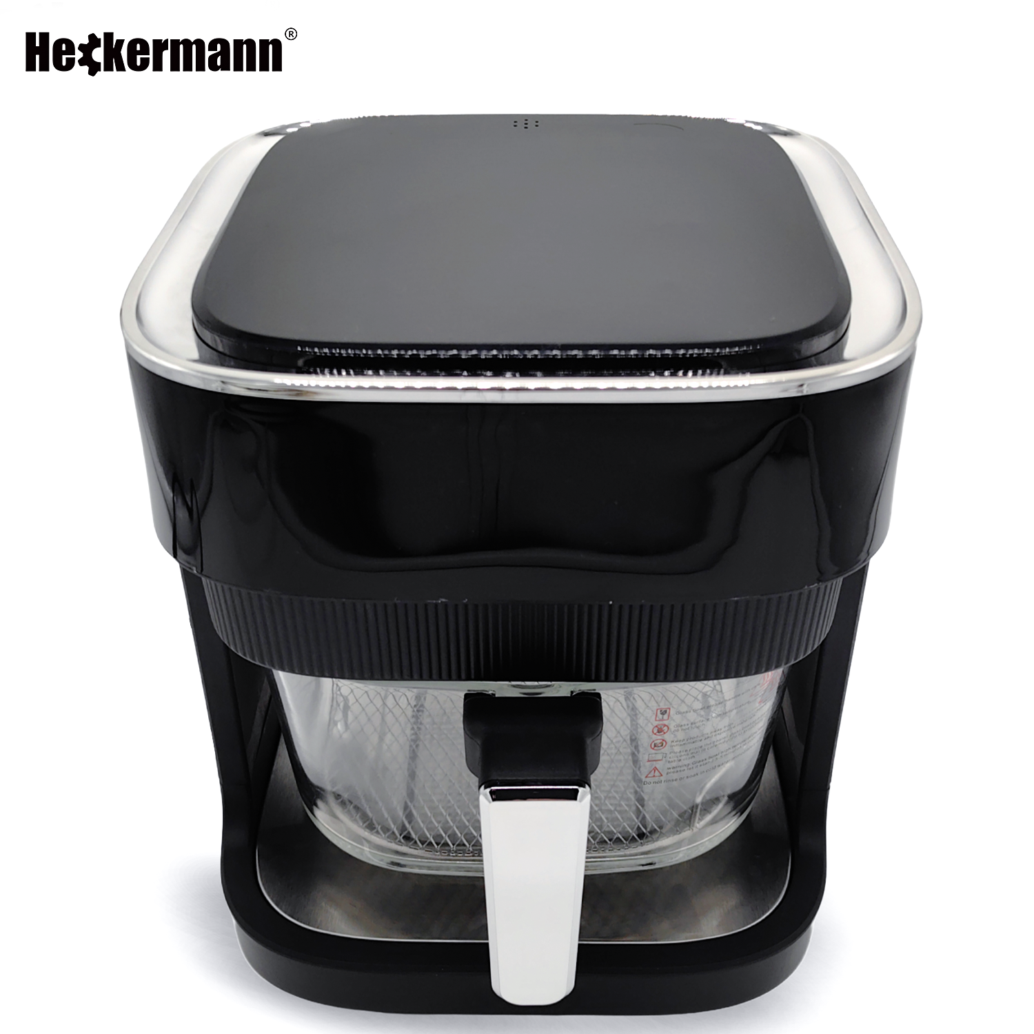 Czarna frytkownica beztłuszczowa ze srebrnymi akcentami i przezroczystym koszem.