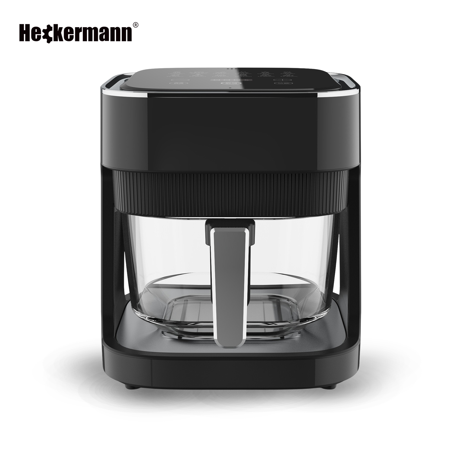 Czarna frytkownica beztłuszczowa Heckermann ze szklanym koszem i ekranem.
