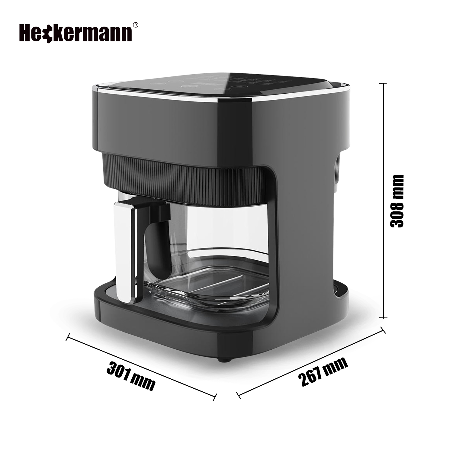 Czarna frytkownica beztłuszczowa Heckermann ze szklanym pojemnikiem i cyfrowym panelem.