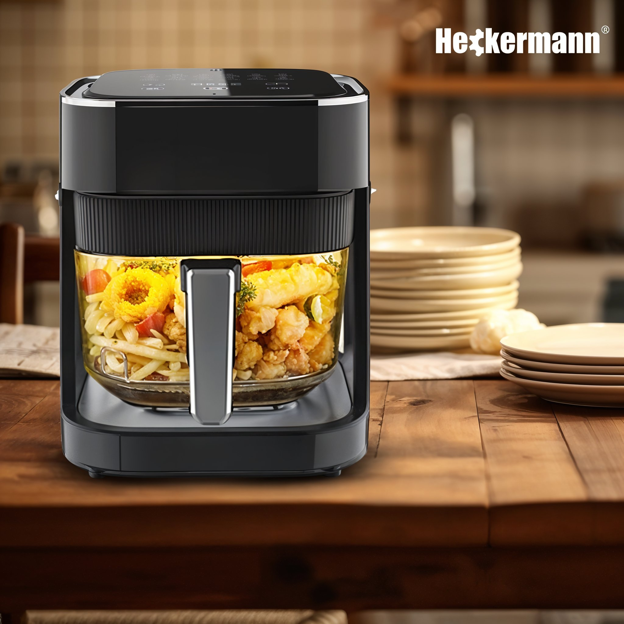 Czarna frytkownica beztłuszczowa ze szklanym koszem wypełnionym jedzeniem na drewnianym stole.