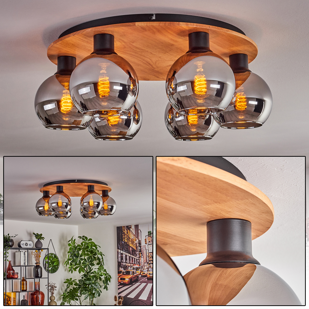Deckenleuchte mit Holzplatte, fünf Rauchglas-Kugeln und Glühbirnen.