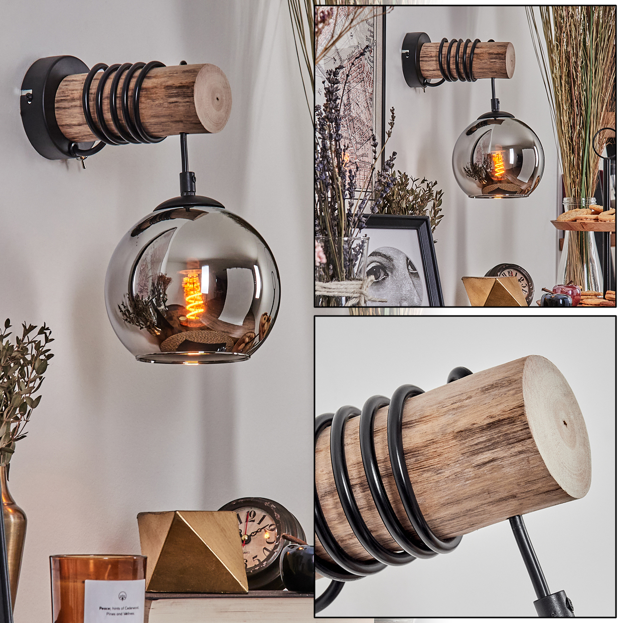 Wandleuchte mit Holzstamm, schwarzer Spirale und rauchglas Kugel.