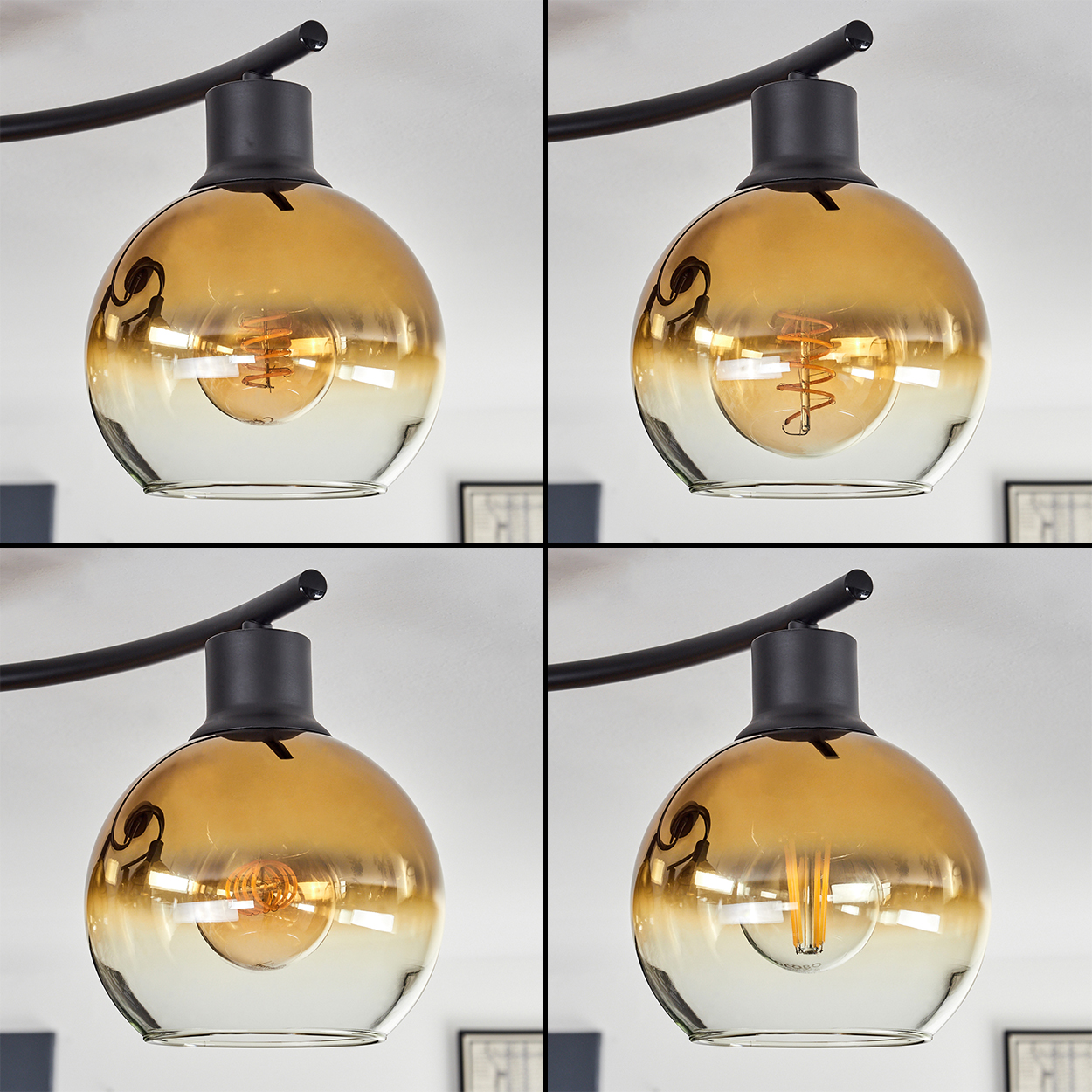 Vier Ansichten einer Lampe mit bernsteinfarbenen Glaskugeln und Glühbirnen.