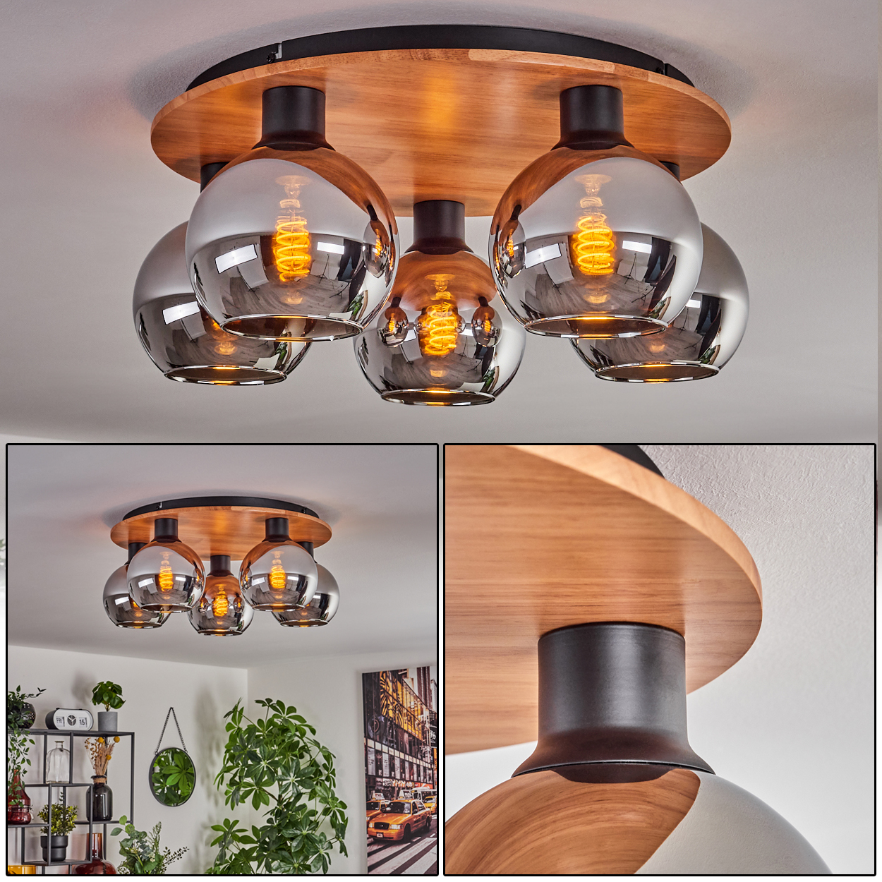 Deckenleuchte mit Holzplatte, fünf Rauchglas-Kugeln und sichtbaren Glühbirnen.