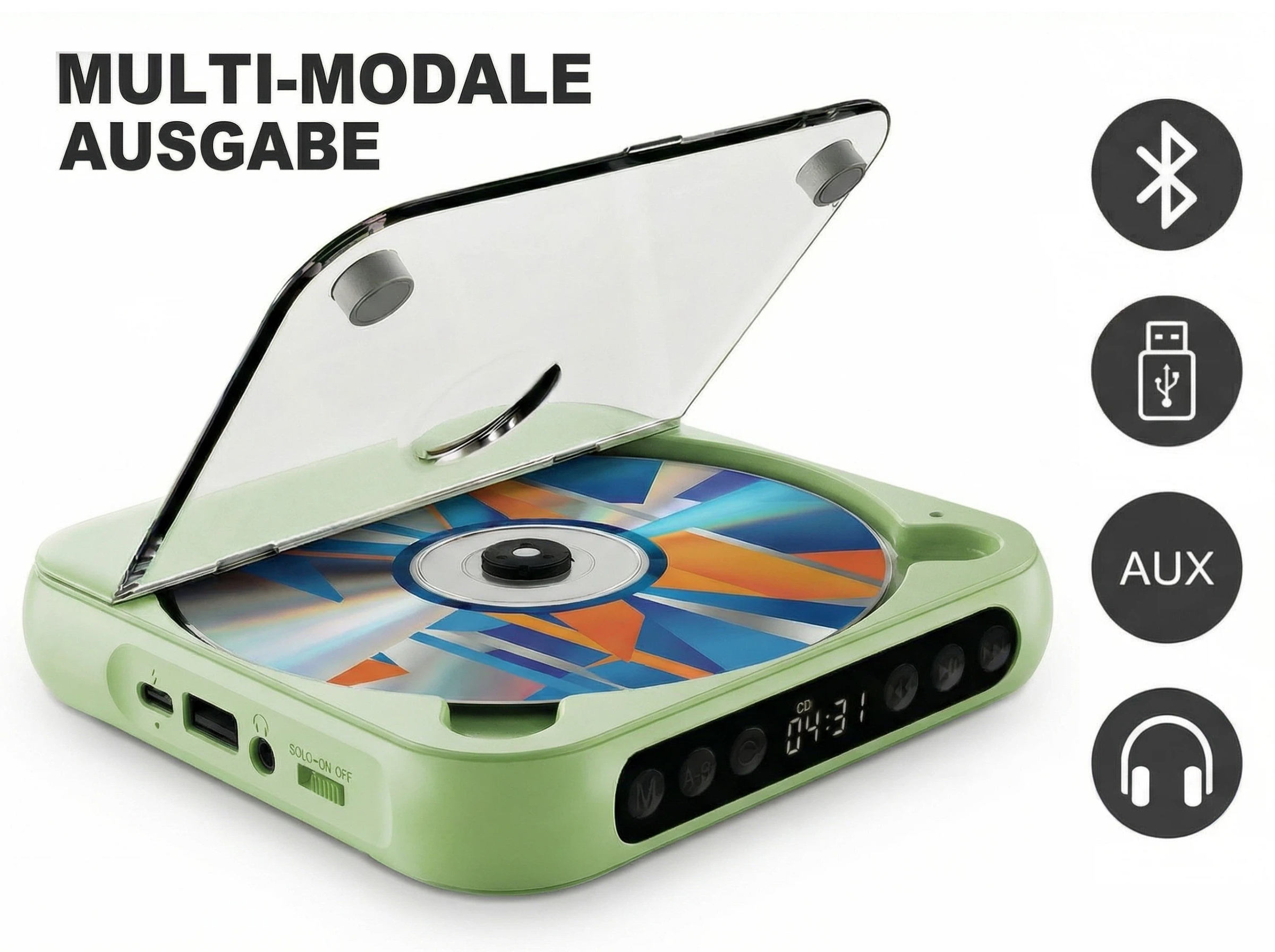Ein hellgrüner CD-Player mit geöffnetem Deckel und einer CD.
