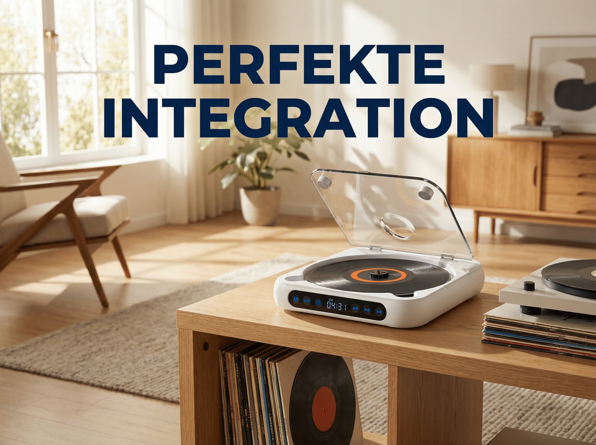 Ein Plattenspieler mit Vinyl-Schallplatten auf einem Holztisch.