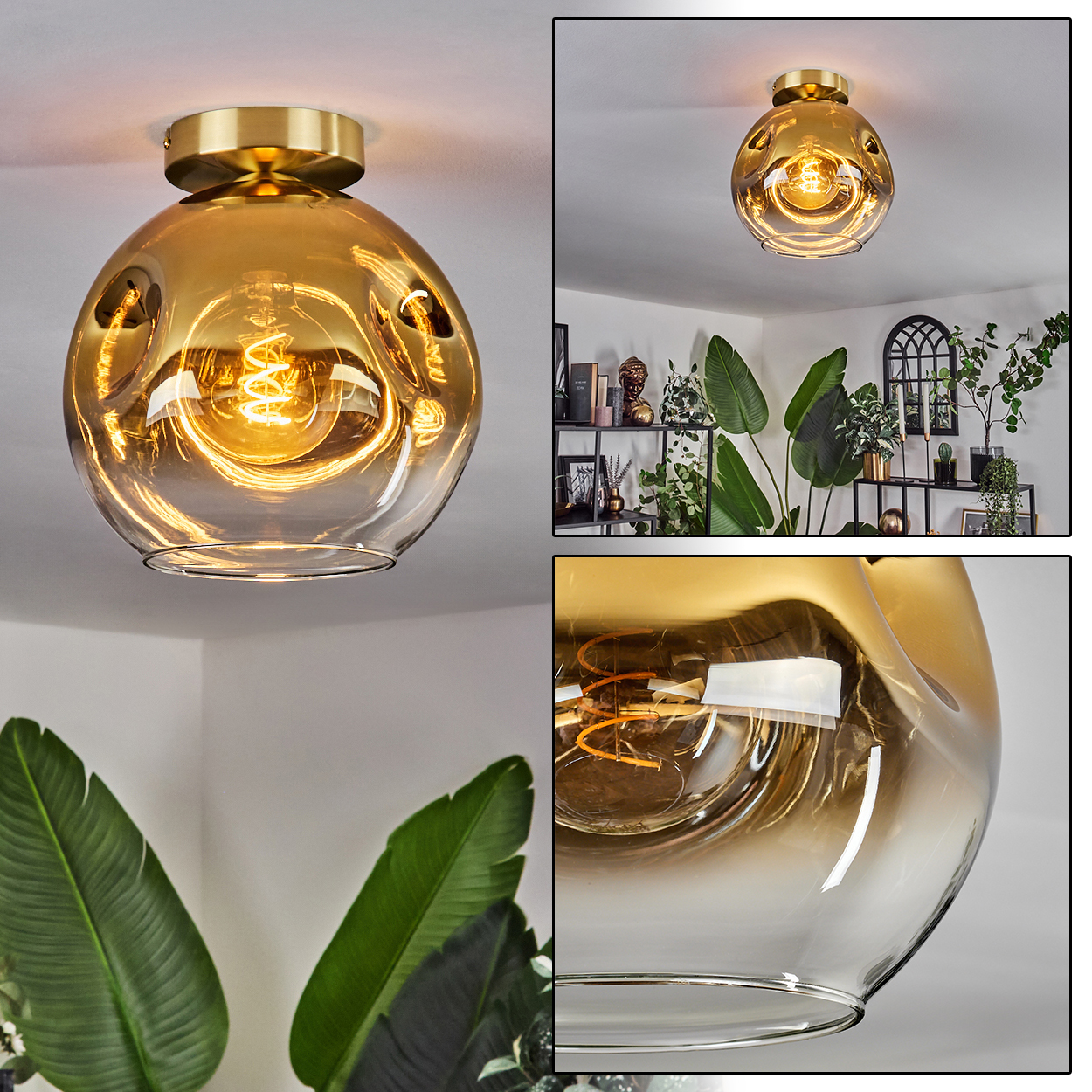 Eine goldene Glaslampe mit einer Spiralbirne hängt von der Decke.