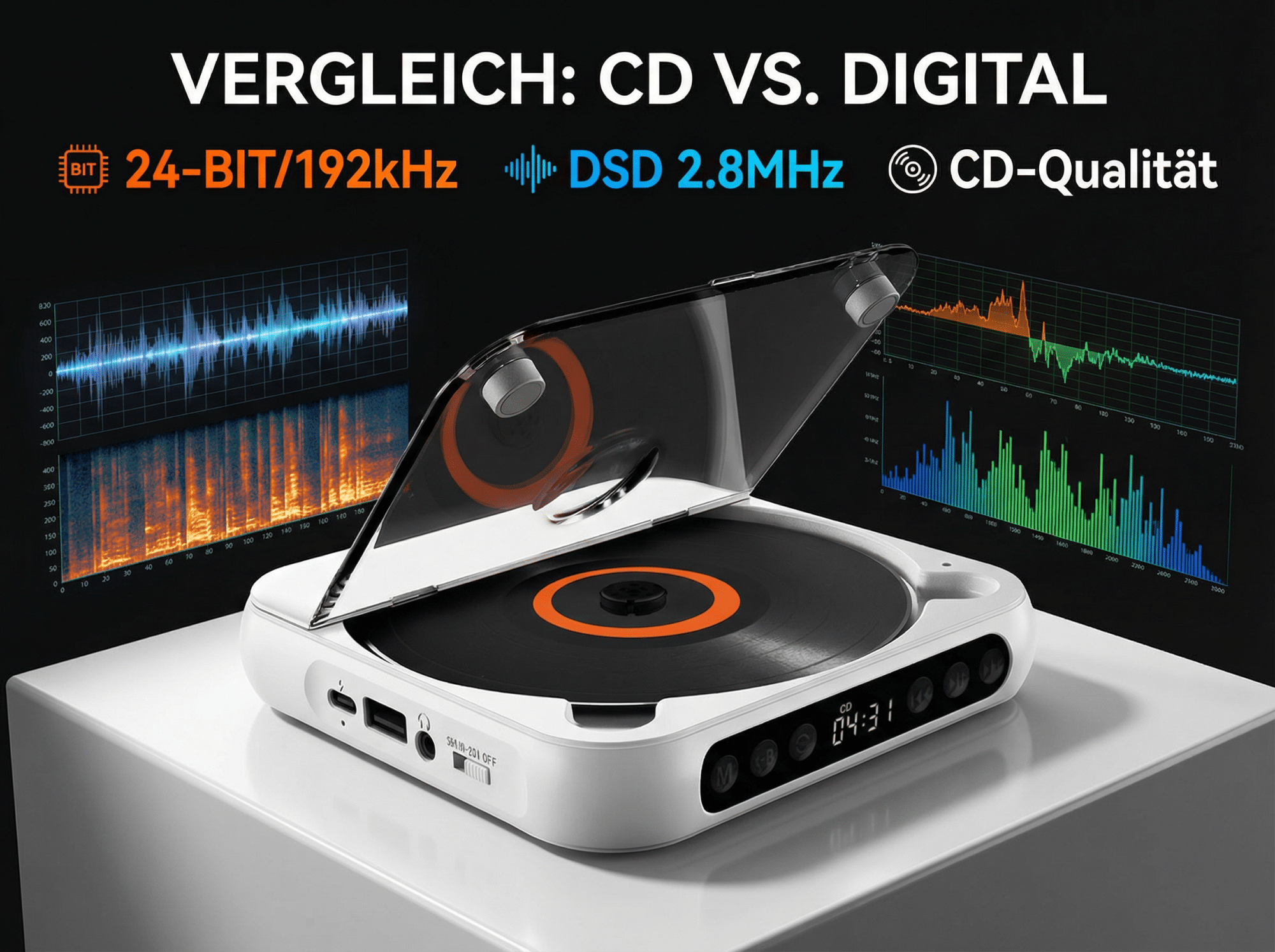 Ein weißer CD-Player mit aufklappbarem Deckel, daneben Diagramme.